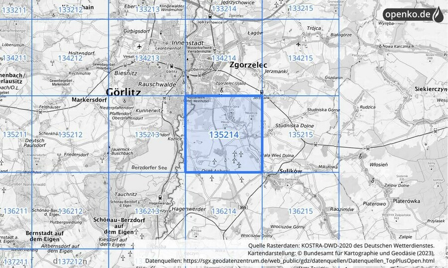 Übersichtskarte des KOSTRA-DWD-2020-Rasterfeldes Nr. 135214