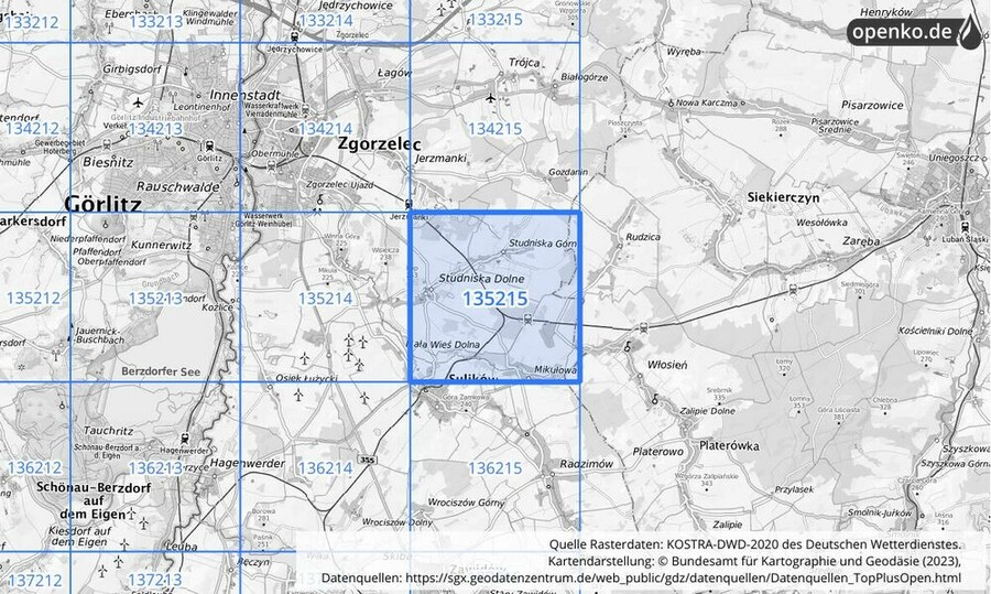 Übersichtskarte des KOSTRA-DWD-2020-Rasterfeldes Nr. 135215