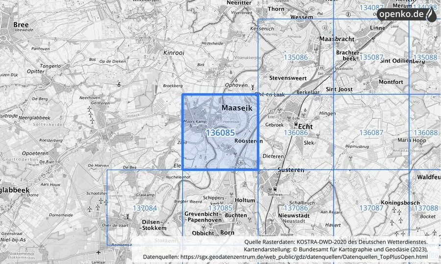 Übersichtskarte des KOSTRA-DWD-2020-Rasterfeldes Nr. 136085