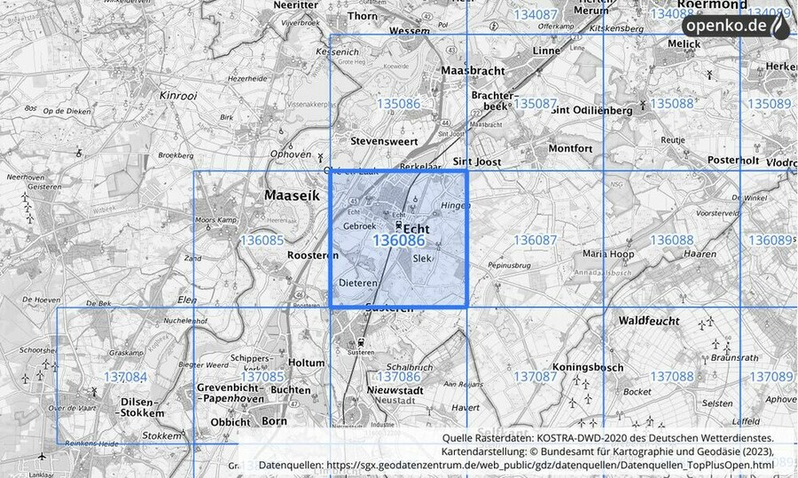 Übersichtskarte des KOSTRA-DWD-2020-Rasterfeldes Nr. 136086