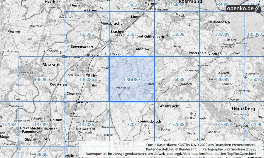 Übersichtskarte des KOSTRA-DWD-2020-Rasterfeldes Nr. 136087