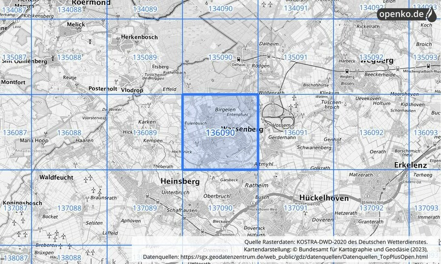 Übersichtskarte des KOSTRA-DWD-2020-Rasterfeldes Nr. 136090