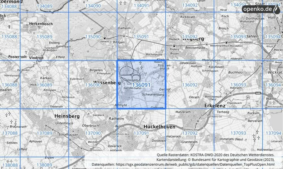 Übersichtskarte des KOSTRA-DWD-2020-Rasterfeldes Nr. 136091