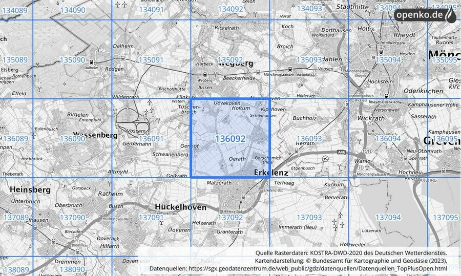 Übersichtskarte des KOSTRA-DWD-2020-Rasterfeldes Nr. 136092