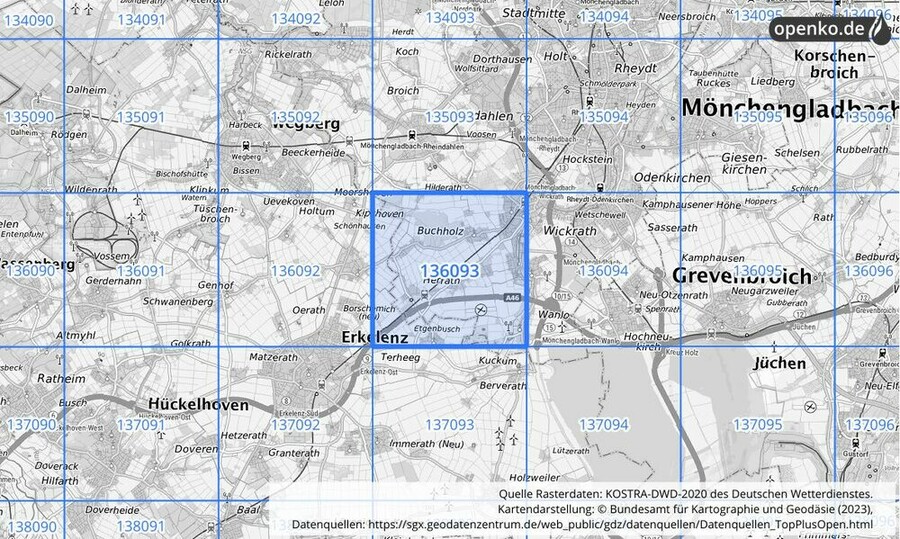 Übersichtskarte des KOSTRA-DWD-2020-Rasterfeldes Nr. 136093