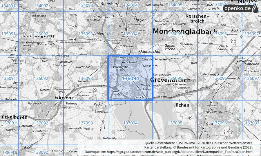 Übersichtskarte des KOSTRA-DWD-2020-Rasterfeldes Nr. 136094