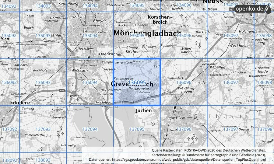 Übersichtskarte des KOSTRA-DWD-2020-Rasterfeldes Nr. 136095