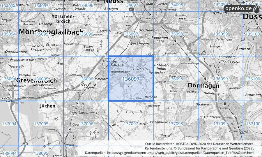 Übersichtskarte des KOSTRA-DWD-2020-Rasterfeldes Nr. 136097