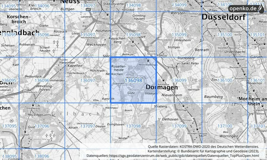 Übersichtskarte des KOSTRA-DWD-2020-Rasterfeldes Nr. 136098