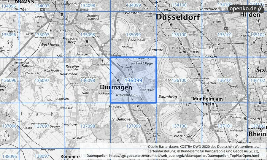 Übersichtskarte des KOSTRA-DWD-2020-Rasterfeldes Nr. 136099