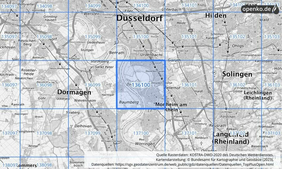 Übersichtskarte des KOSTRA-DWD-2020-Rasterfeldes Nr. 136100