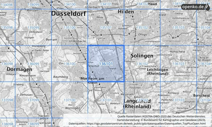 Übersichtskarte des KOSTRA-DWD-2020-Rasterfeldes Nr. 136101