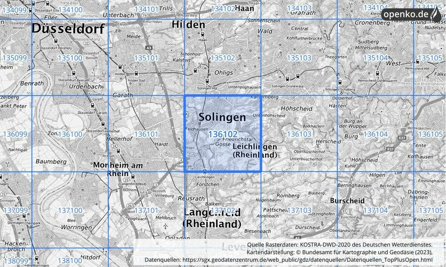 Übersichtskarte des KOSTRA-DWD-2020-Rasterfeldes Nr. 136102