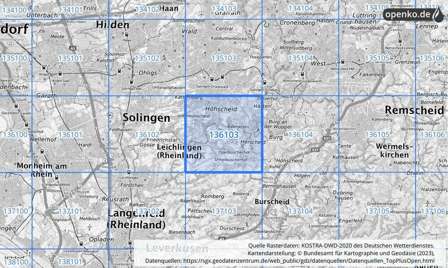 Übersichtskarte des KOSTRA-DWD-2020-Rasterfeldes Nr. 136103