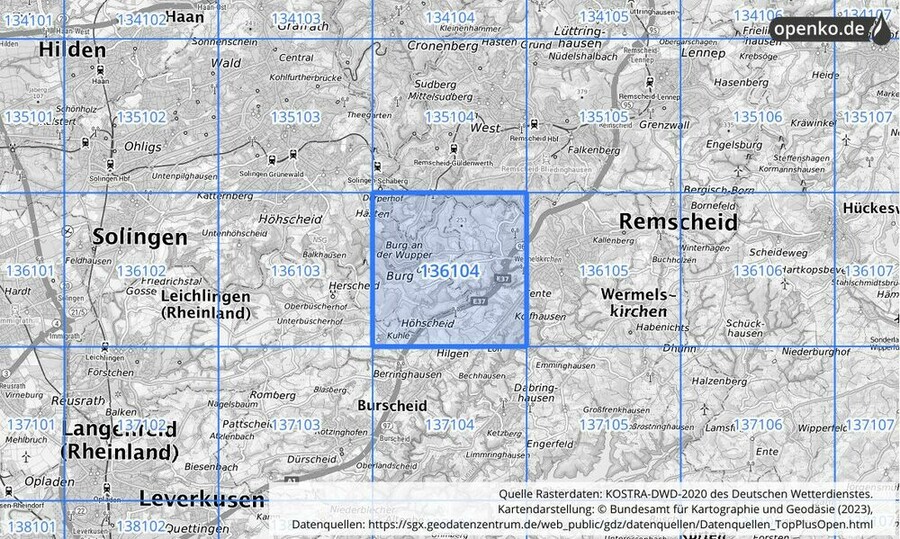 Übersichtskarte des KOSTRA-DWD-2020-Rasterfeldes Nr. 136104