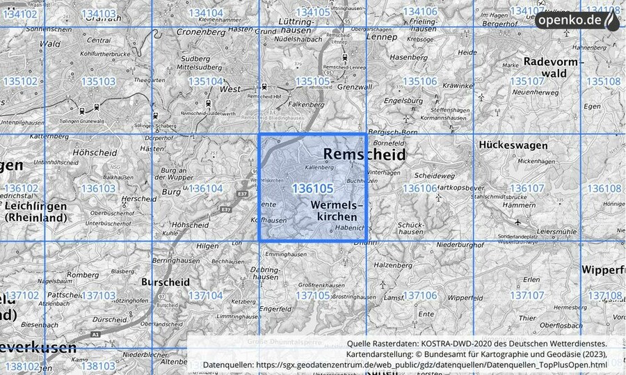 Übersichtskarte des KOSTRA-DWD-2020-Rasterfeldes Nr. 136105