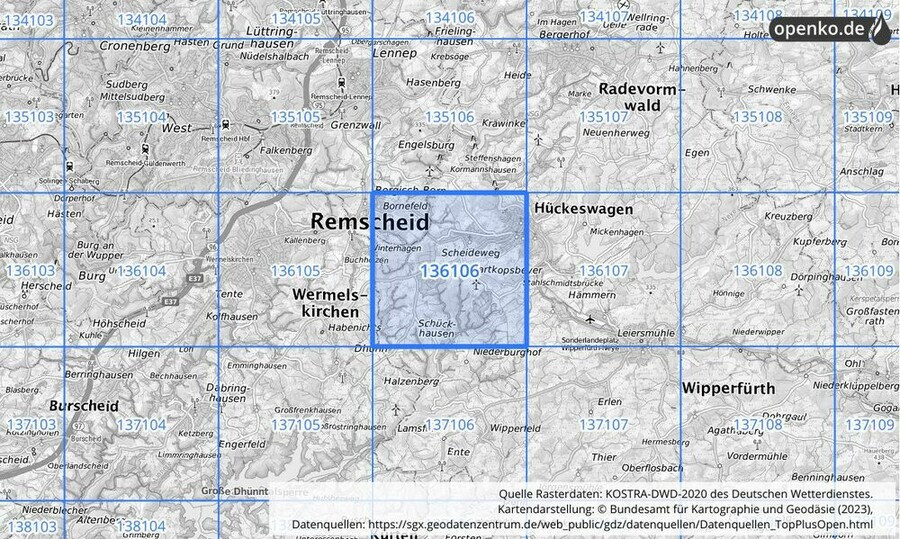 Übersichtskarte des KOSTRA-DWD-2020-Rasterfeldes Nr. 136106