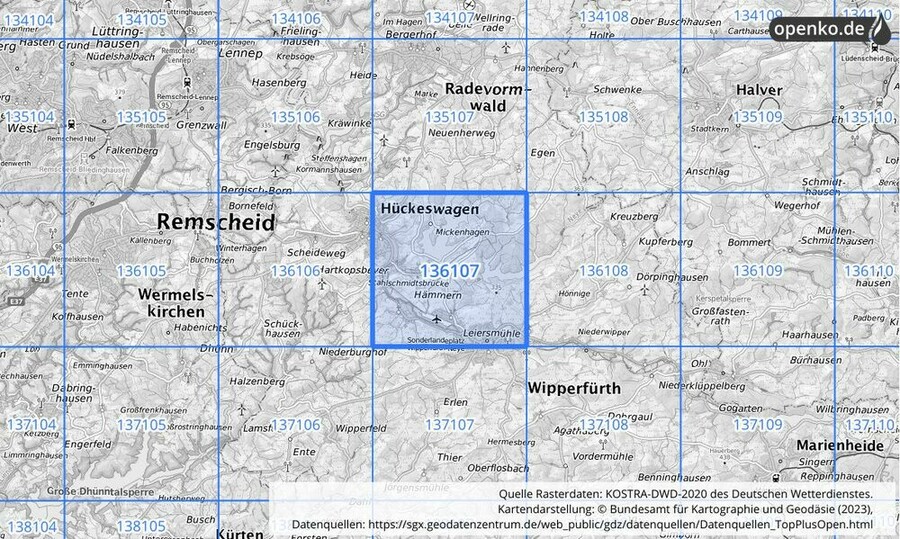 Übersichtskarte des KOSTRA-DWD-2020-Rasterfeldes Nr. 136107