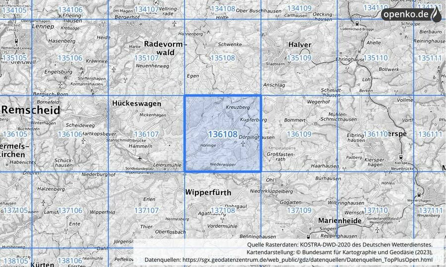 Übersichtskarte des KOSTRA-DWD-2020-Rasterfeldes Nr. 136108