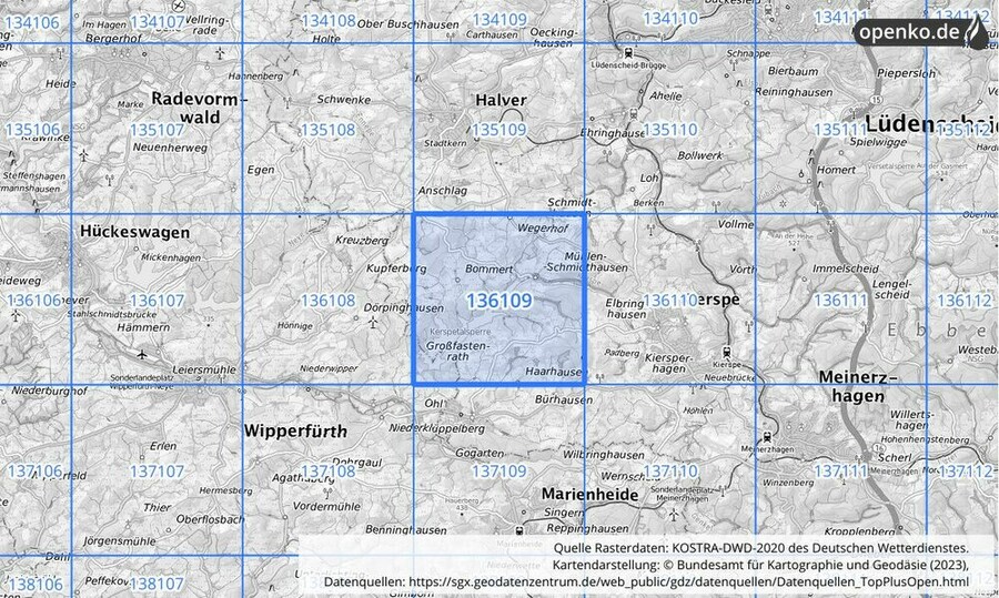 Übersichtskarte des KOSTRA-DWD-2020-Rasterfeldes Nr. 136109