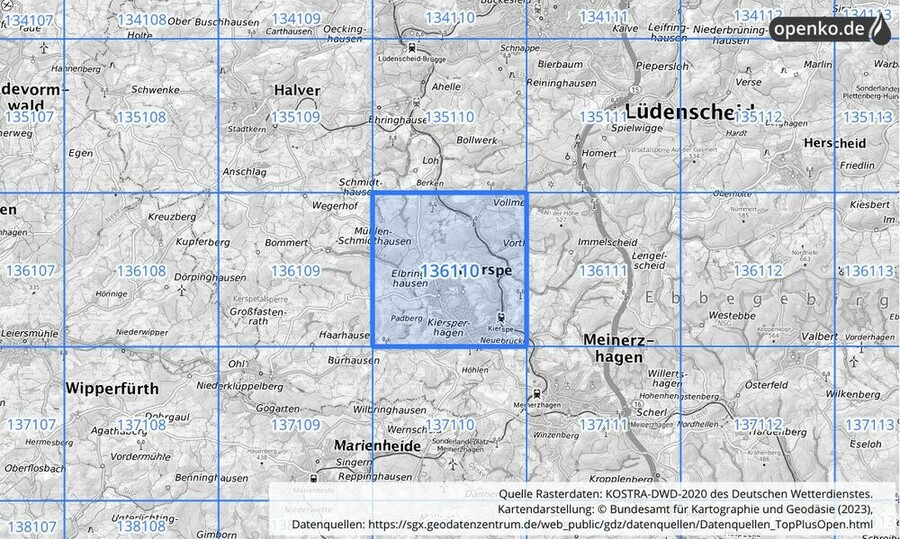 Übersichtskarte des KOSTRA-DWD-2020-Rasterfeldes Nr. 136110