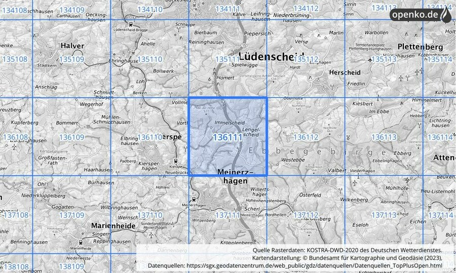 Übersichtskarte des KOSTRA-DWD-2020-Rasterfeldes Nr. 136111