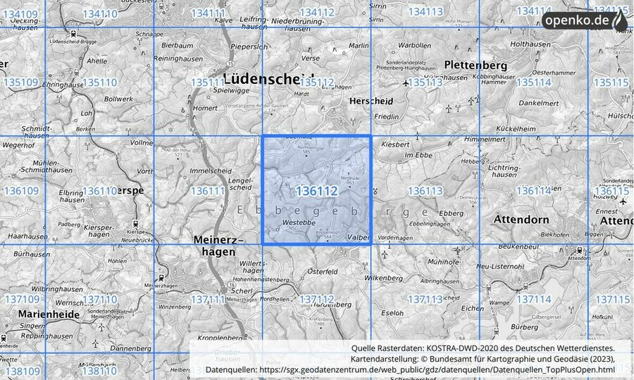 Übersichtskarte des KOSTRA-DWD-2020-Rasterfeldes Nr. 136112