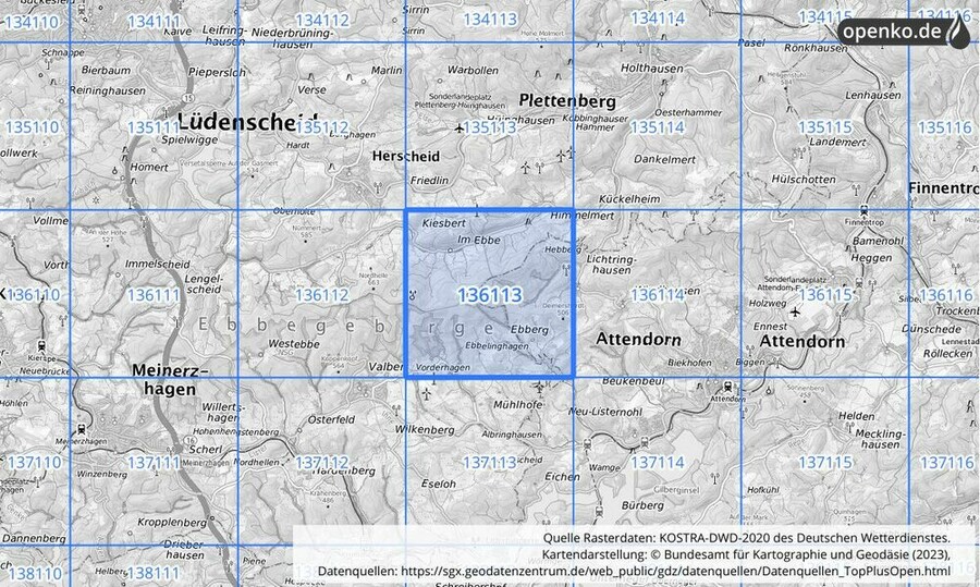 Übersichtskarte des KOSTRA-DWD-2020-Rasterfeldes Nr. 136113