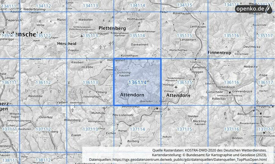 Übersichtskarte des KOSTRA-DWD-2020-Rasterfeldes Nr. 136114