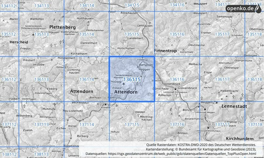 Übersichtskarte des KOSTRA-DWD-2020-Rasterfeldes Nr. 136115