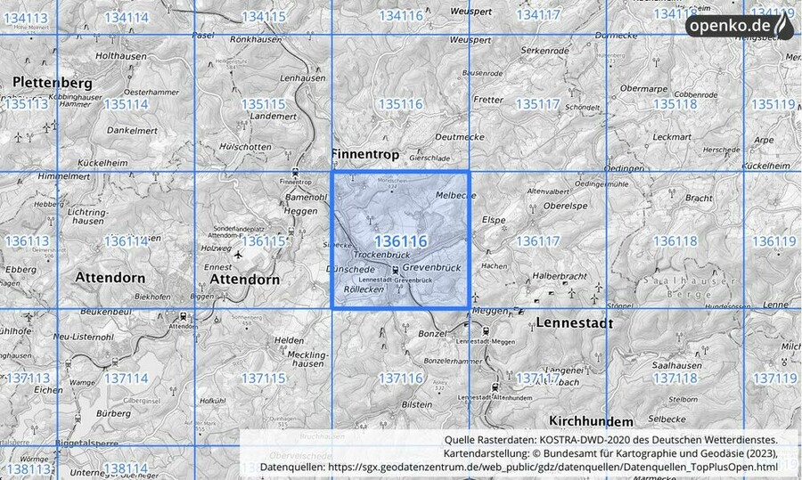 Übersichtskarte des KOSTRA-DWD-2020-Rasterfeldes Nr. 136116