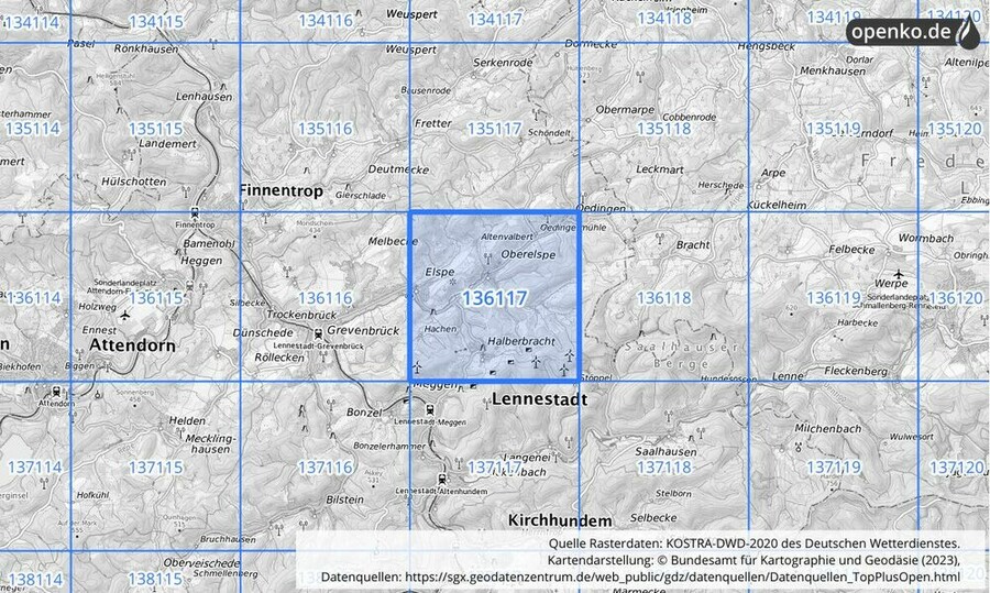 Übersichtskarte des KOSTRA-DWD-2020-Rasterfeldes Nr. 136117