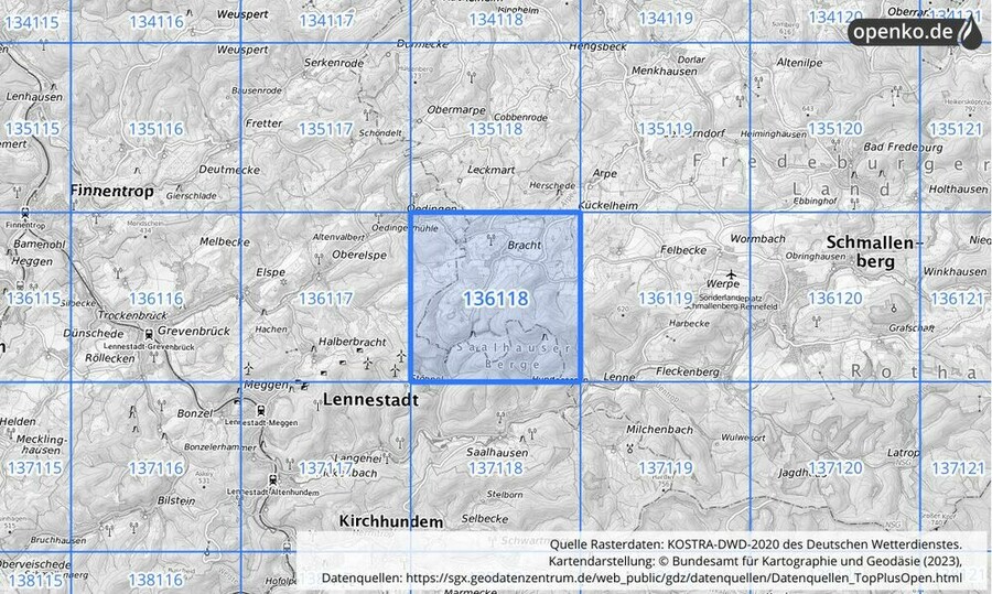 Übersichtskarte des KOSTRA-DWD-2020-Rasterfeldes Nr. 136118