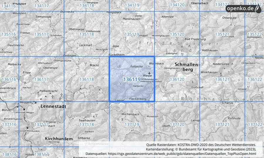 Übersichtskarte des KOSTRA-DWD-2020-Rasterfeldes Nr. 136119