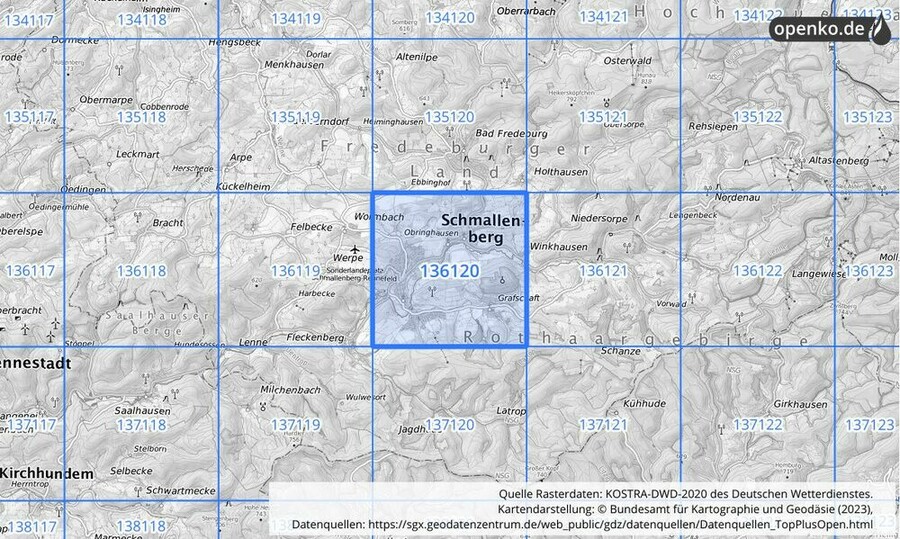 Übersichtskarte des KOSTRA-DWD-2020-Rasterfeldes Nr. 136120