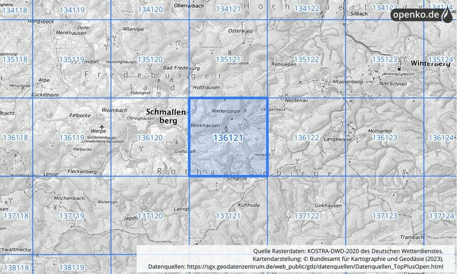 Übersichtskarte des KOSTRA-DWD-2020-Rasterfeldes Nr. 136121