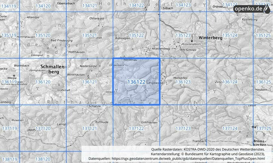 Übersichtskarte des KOSTRA-DWD-2020-Rasterfeldes Nr. 136122