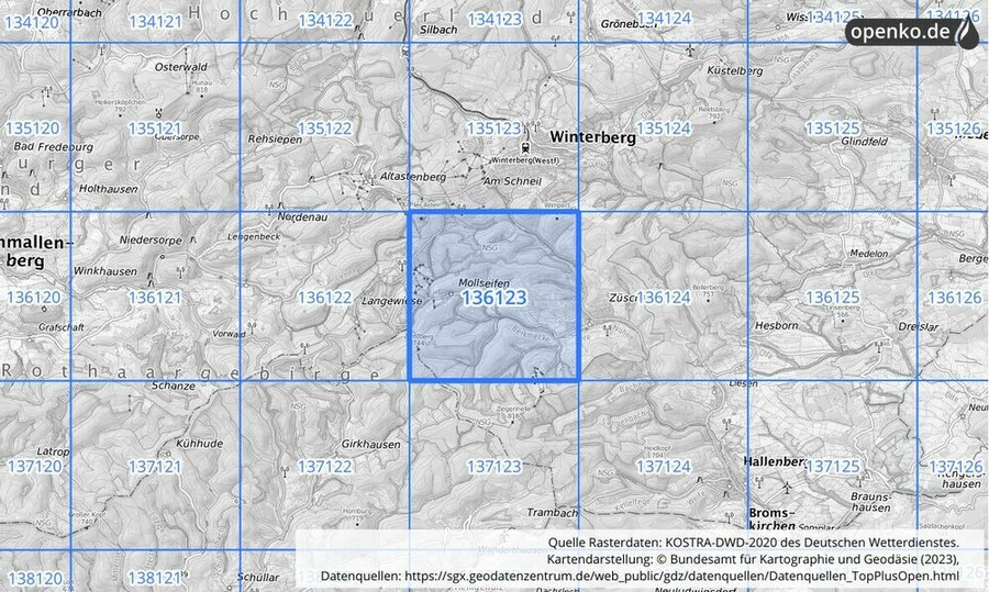 Übersichtskarte des KOSTRA-DWD-2020-Rasterfeldes Nr. 136123