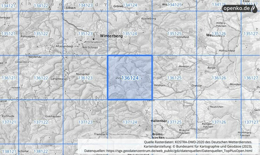 Übersichtskarte des KOSTRA-DWD-2020-Rasterfeldes Nr. 136124