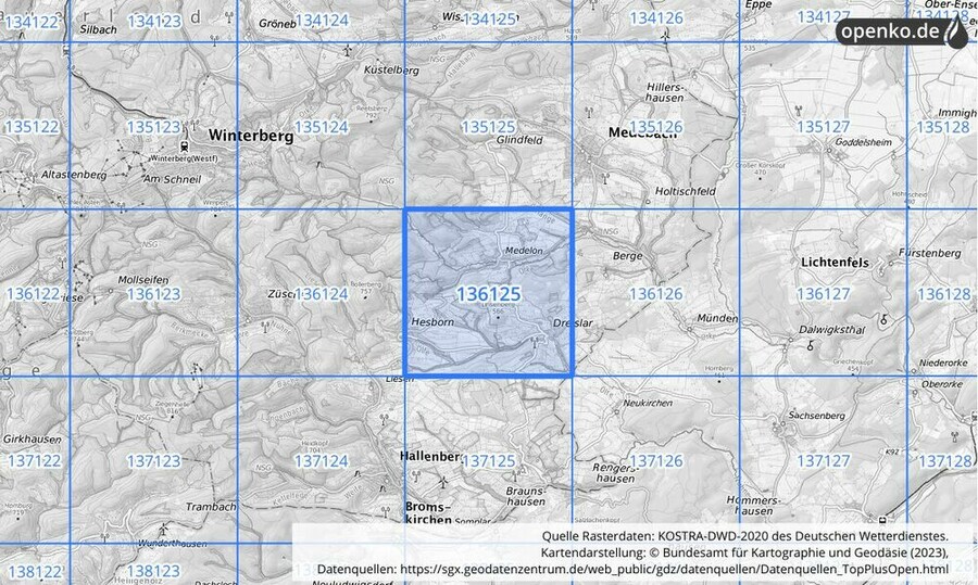 Übersichtskarte des KOSTRA-DWD-2020-Rasterfeldes Nr. 136125