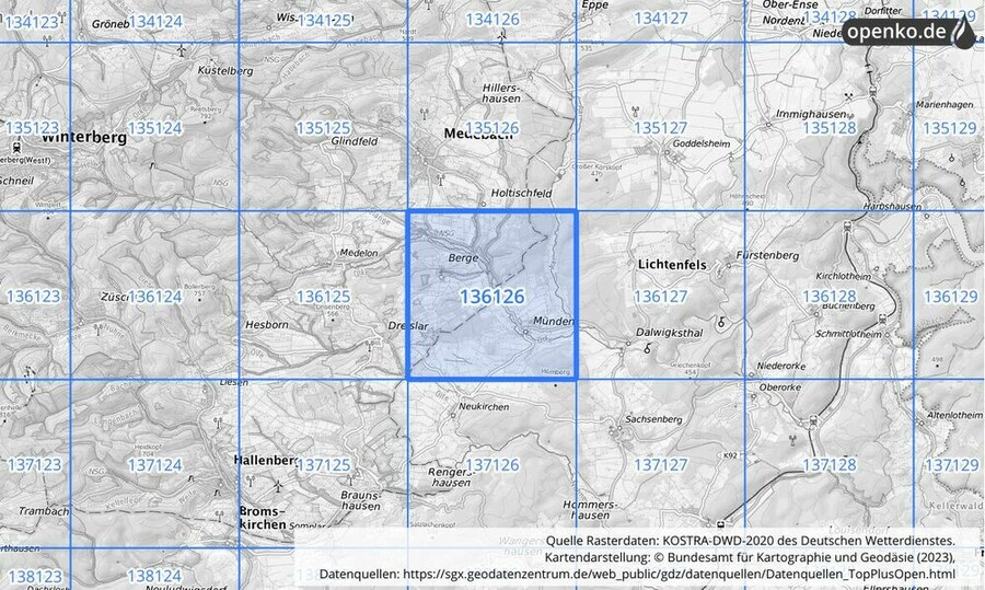 Übersichtskarte des KOSTRA-DWD-2020-Rasterfeldes Nr. 136126