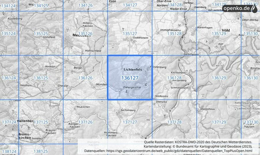 Übersichtskarte des KOSTRA-DWD-2020-Rasterfeldes Nr. 136127