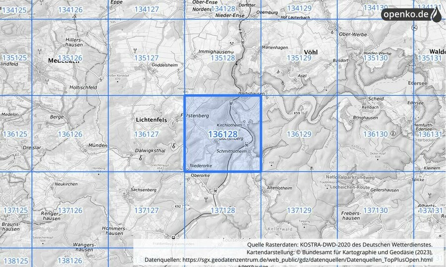 Übersichtskarte des KOSTRA-DWD-2020-Rasterfeldes Nr. 136128