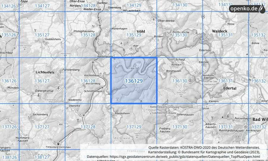 Übersichtskarte des KOSTRA-DWD-2020-Rasterfeldes Nr. 136129