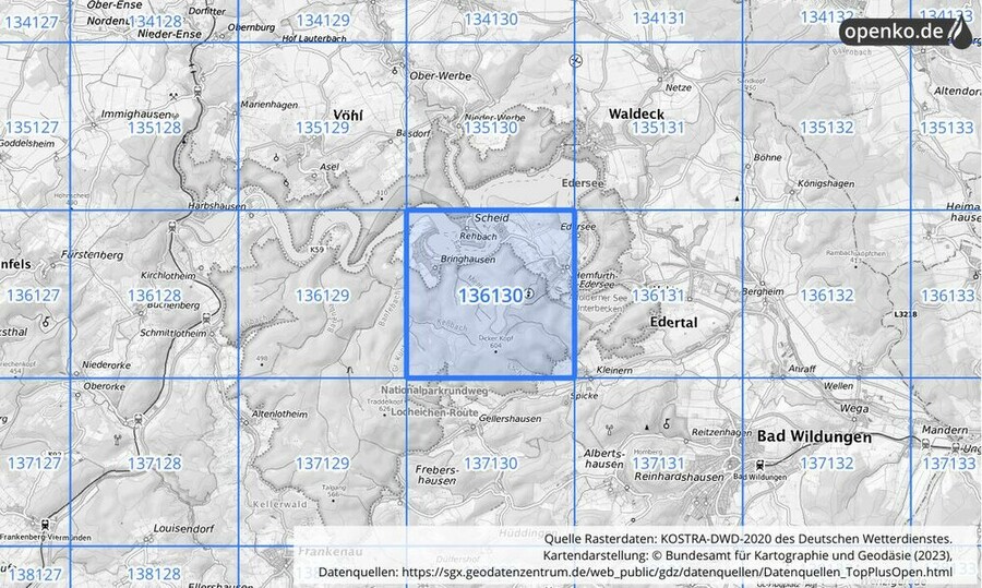 Übersichtskarte des KOSTRA-DWD-2020-Rasterfeldes Nr. 136130