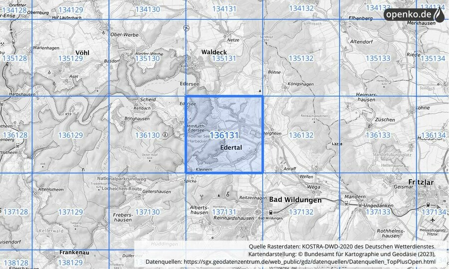 Übersichtskarte des KOSTRA-DWD-2020-Rasterfeldes Nr. 136131