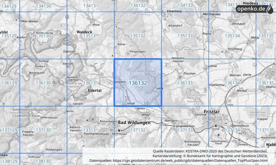 Übersichtskarte des KOSTRA-DWD-2020-Rasterfeldes Nr. 136132