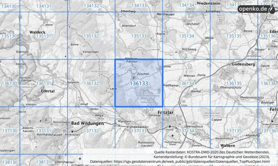 Übersichtskarte des KOSTRA-DWD-2020-Rasterfeldes Nr. 136133