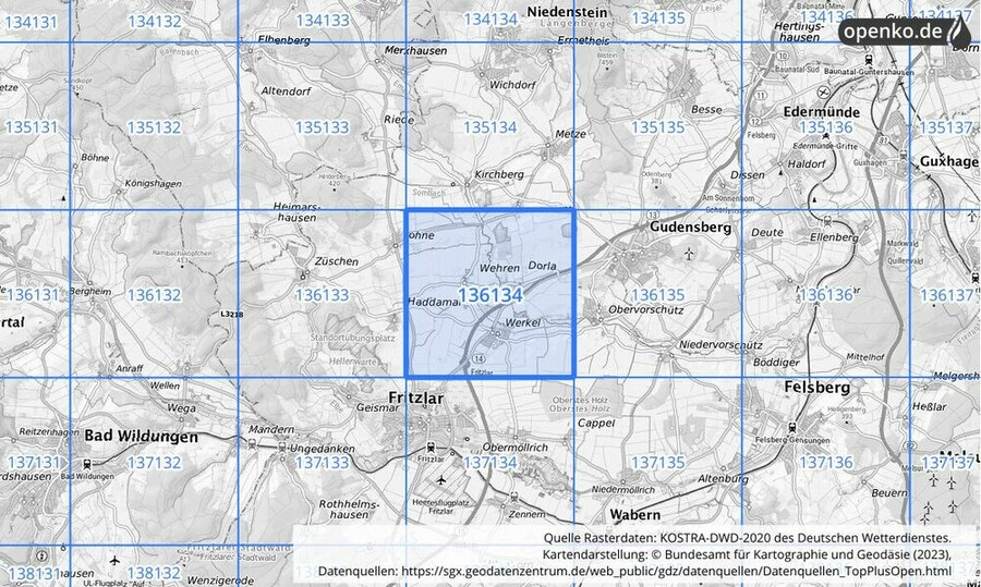 Übersichtskarte des KOSTRA-DWD-2020-Rasterfeldes Nr. 136134