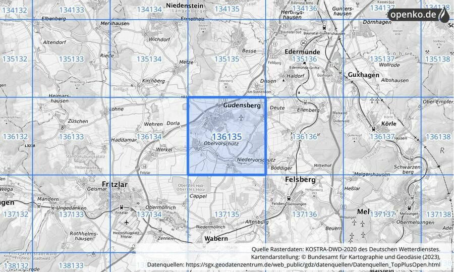 Übersichtskarte des KOSTRA-DWD-2020-Rasterfeldes Nr. 136135